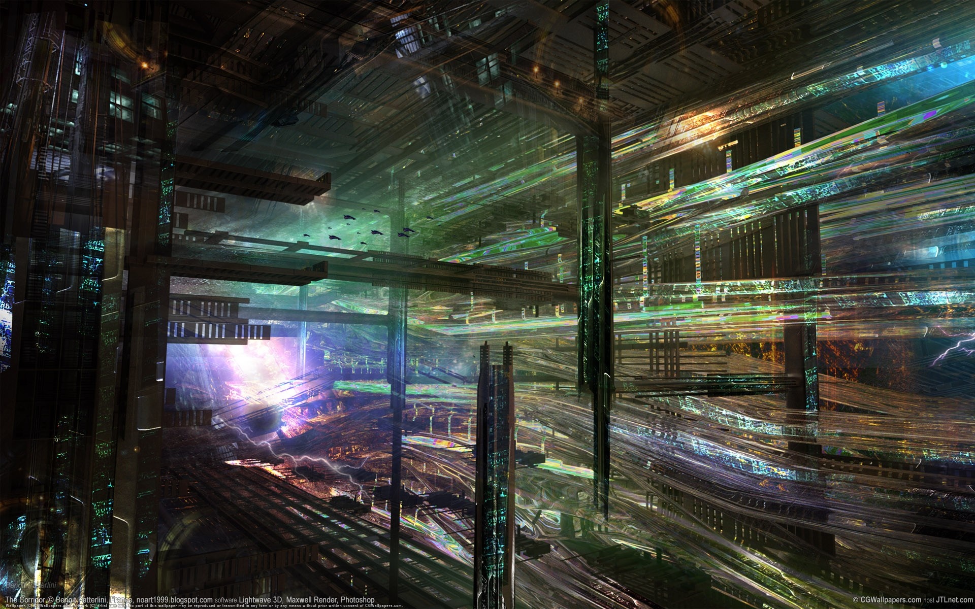 Futuristic cityscape with glowing lights and structures HD Wallpaper