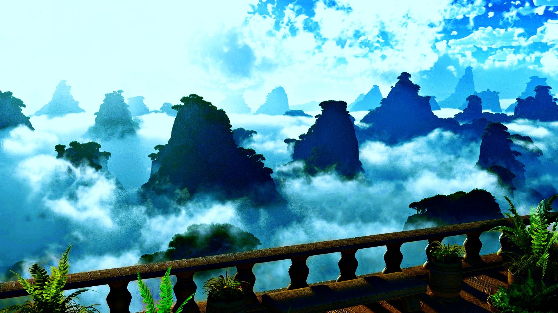 Fantasy mountains above clouds with balcony HD Wallpaper