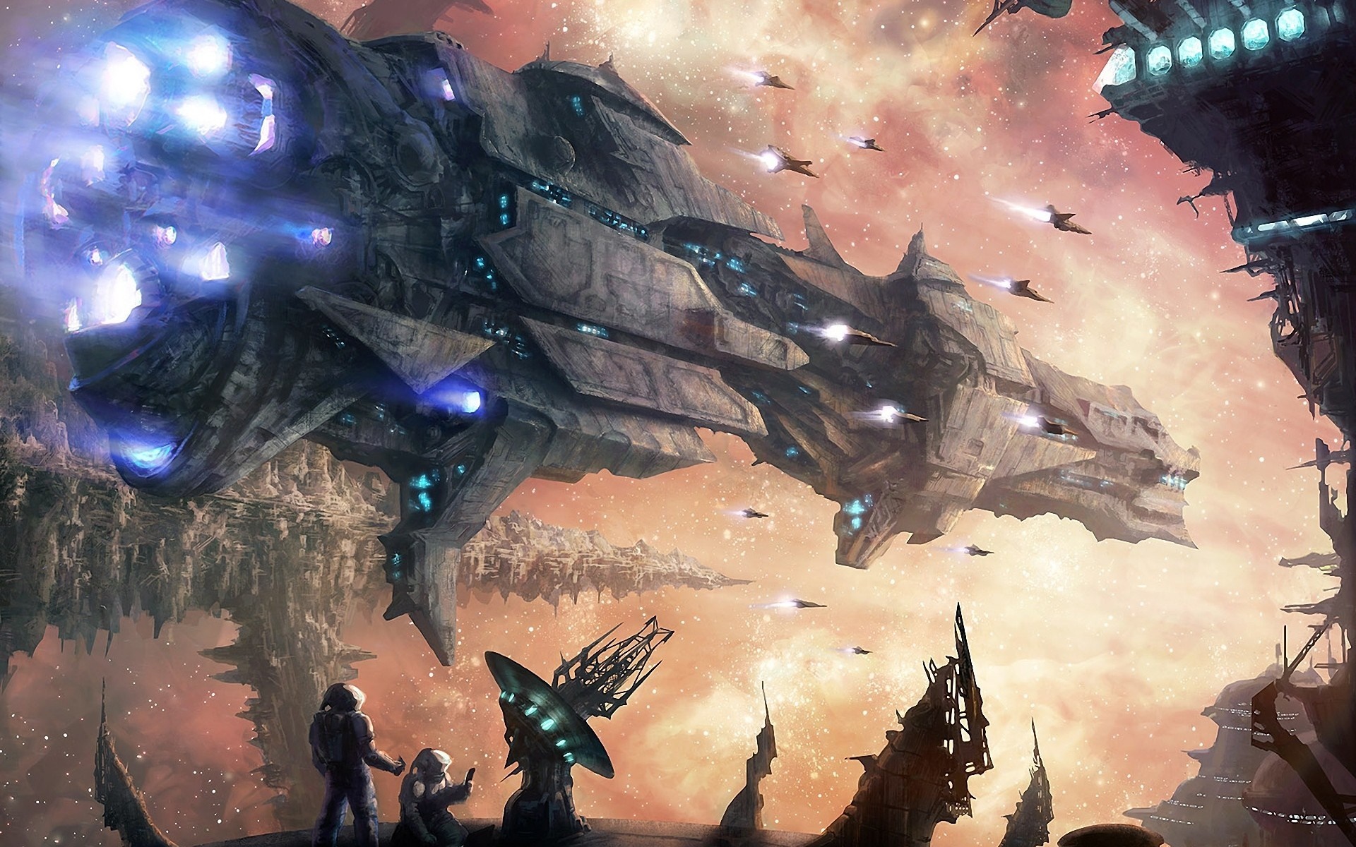 Science fiction artwork of a large spaceship and smaller craft HD Wallpaper