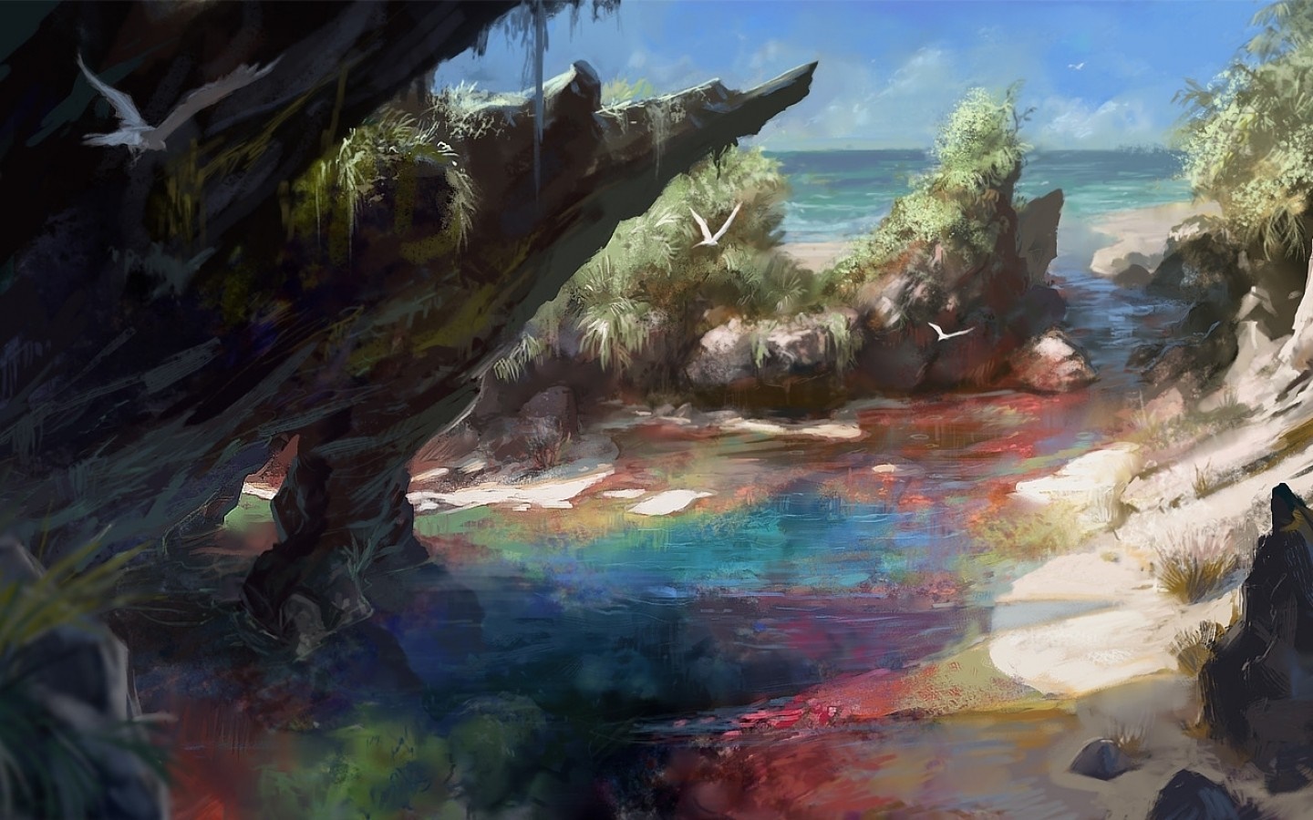 Fantasy art painting of a colorful cove with birds HD Wallpaper