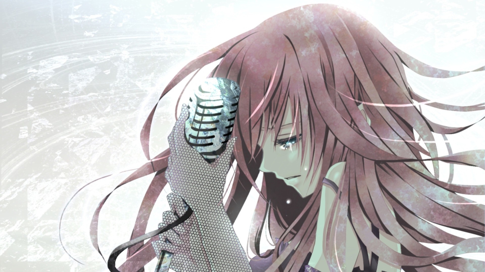 Megurine Luka from Vocaloid crying with a microphone HD Wallpaper
