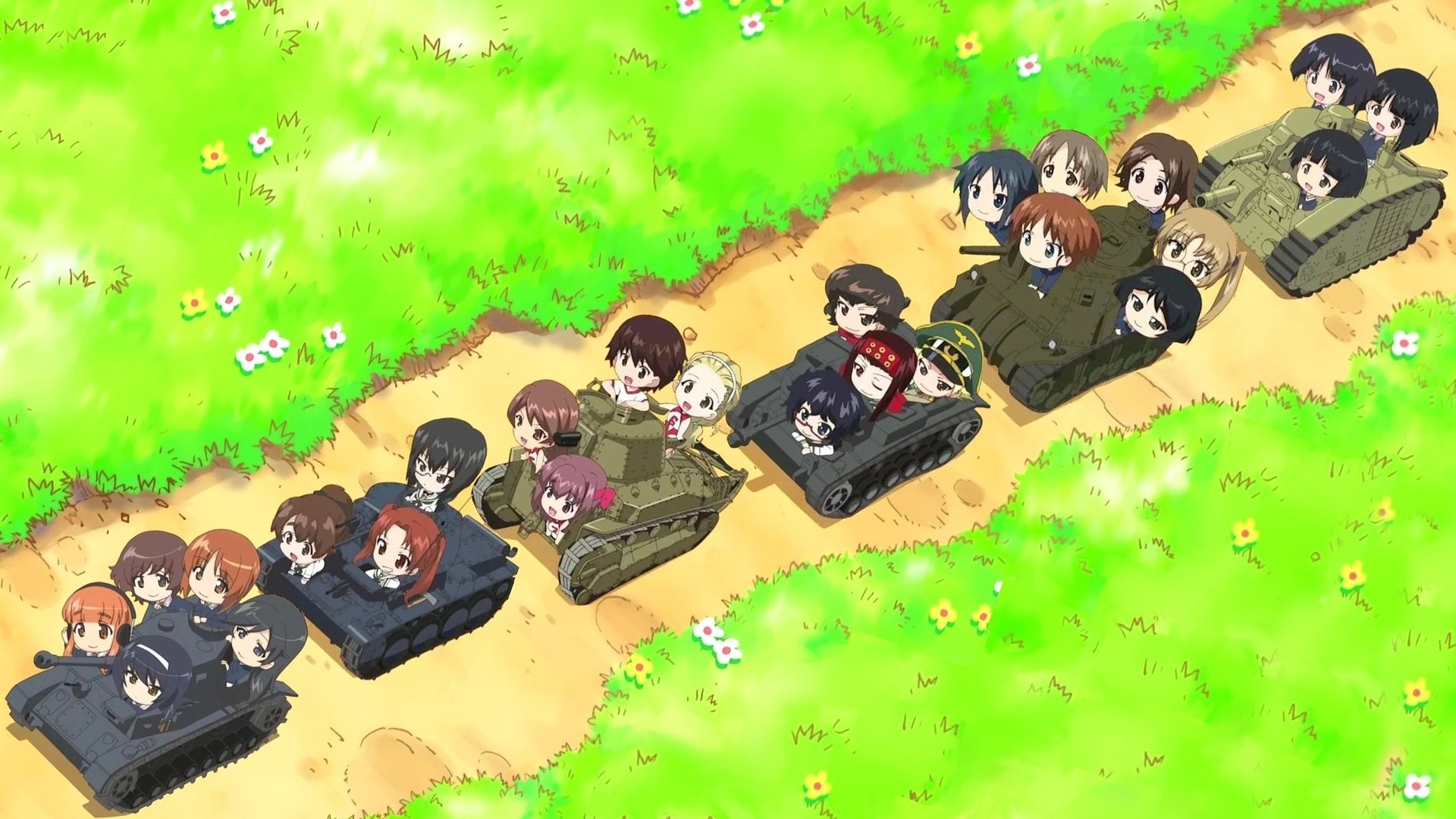 Girls und Panzer characters in chibi style on tanks HD Wallpaper