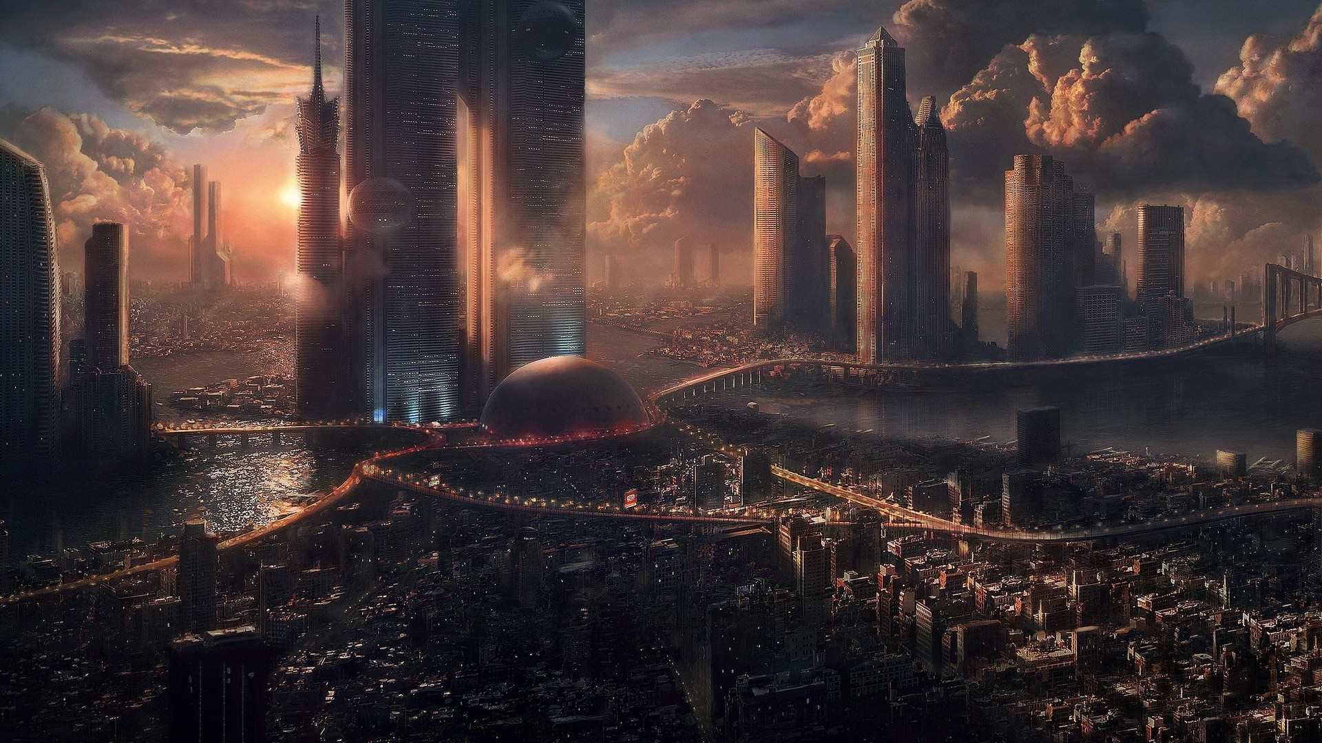 Futuristic cityscape at sunset with towering skyscrapers HD Wallpaper