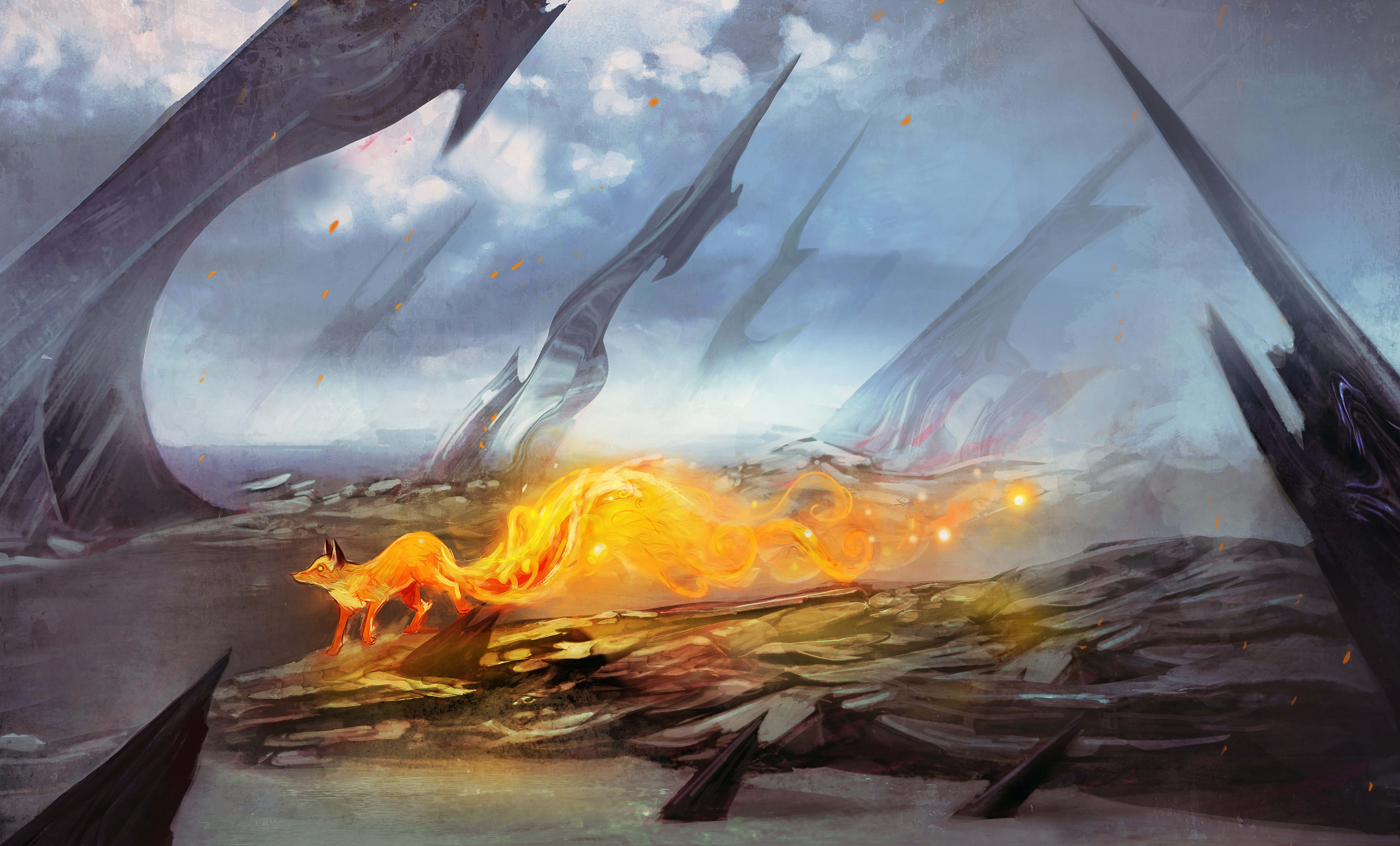 Fantasy art of a fox with a fiery tail HD Wallpaper