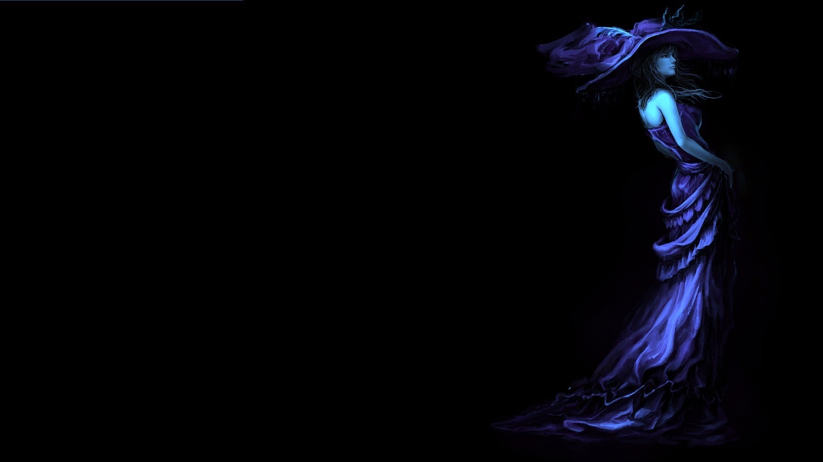 Woman in a blue dress and hat in darkness HD Wallpaper
