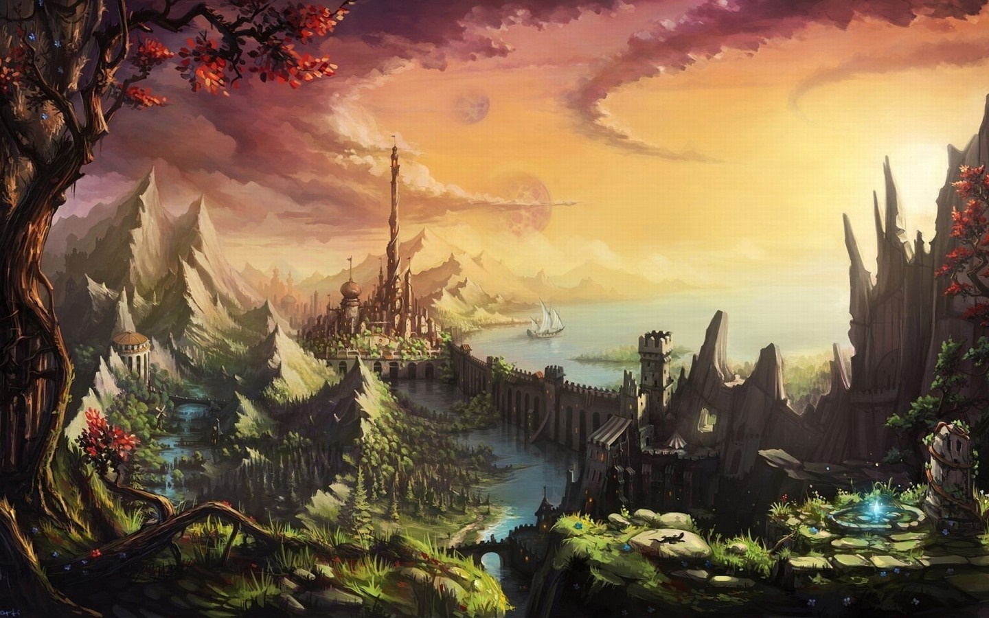 Fantasy city on a river at sunset HD Wallpaper