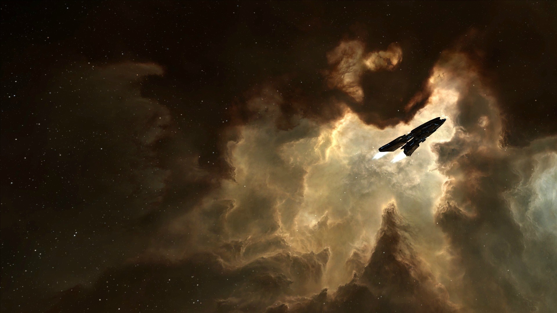 Spaceship flying through a nebula in EVE Online HD Wallpaper