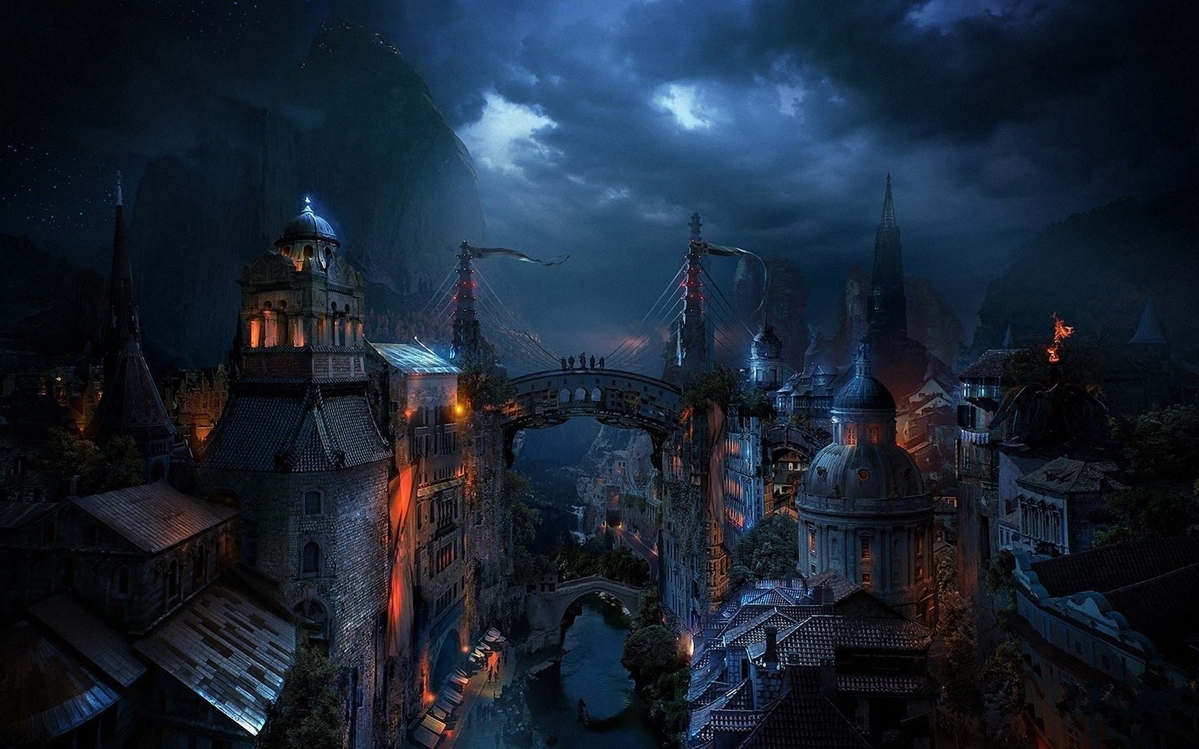 Fantasy cityscape at night with bridges and mountains HD Wallpaper