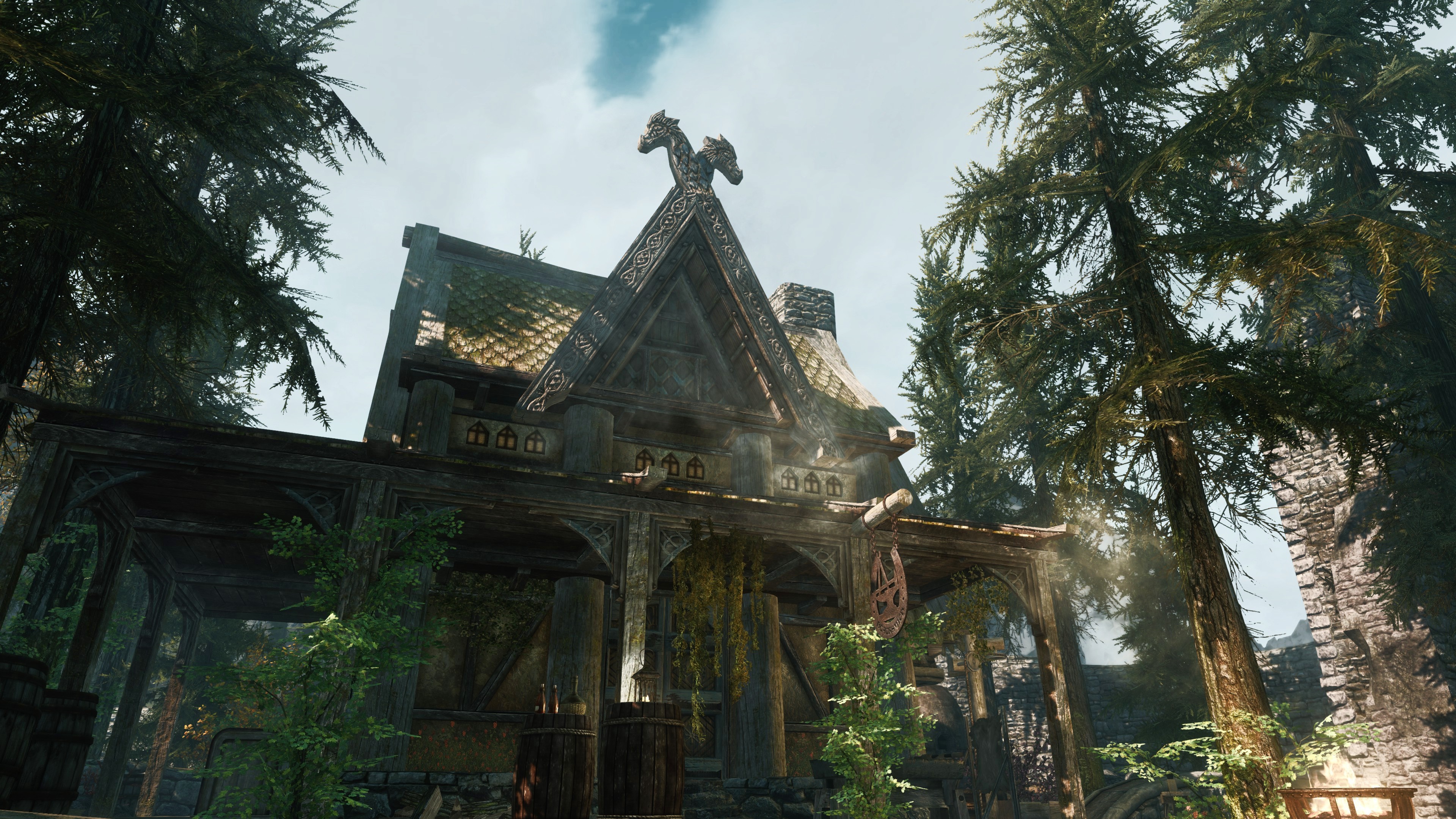 The Elder Scrolls V Skyrim building in a forest HD Wallpaper
