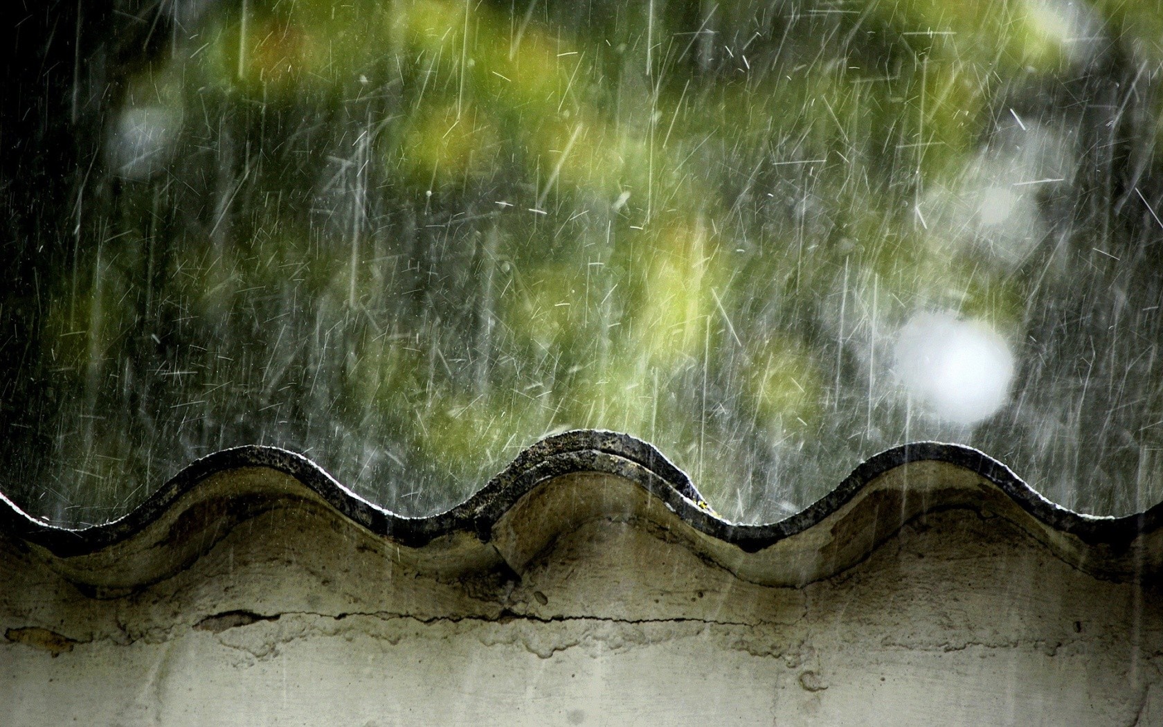 Rain falling on a rooftop with green foliage in the background HD Wallpaper