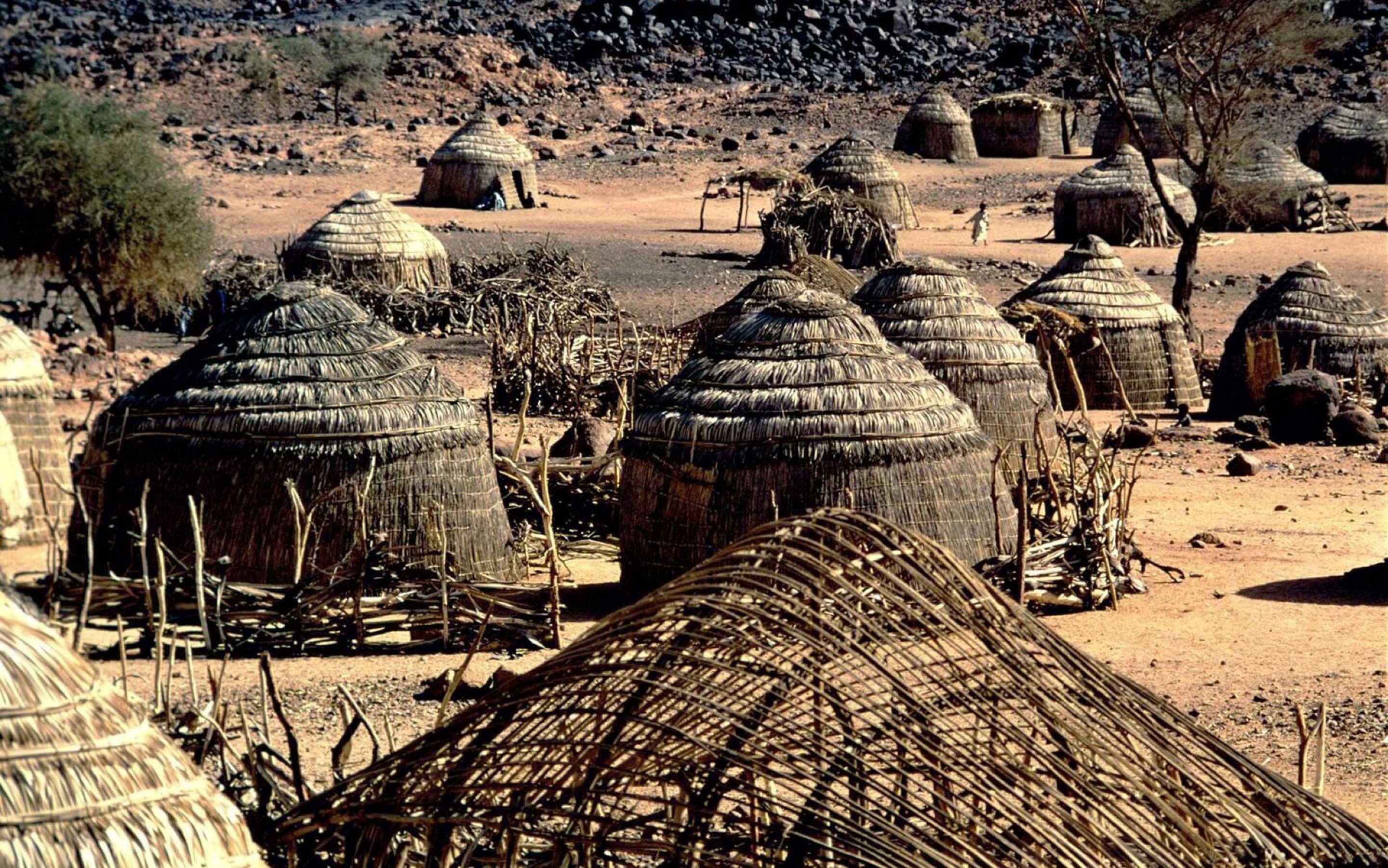 African village with traditional thatched huts HD Wallpaper