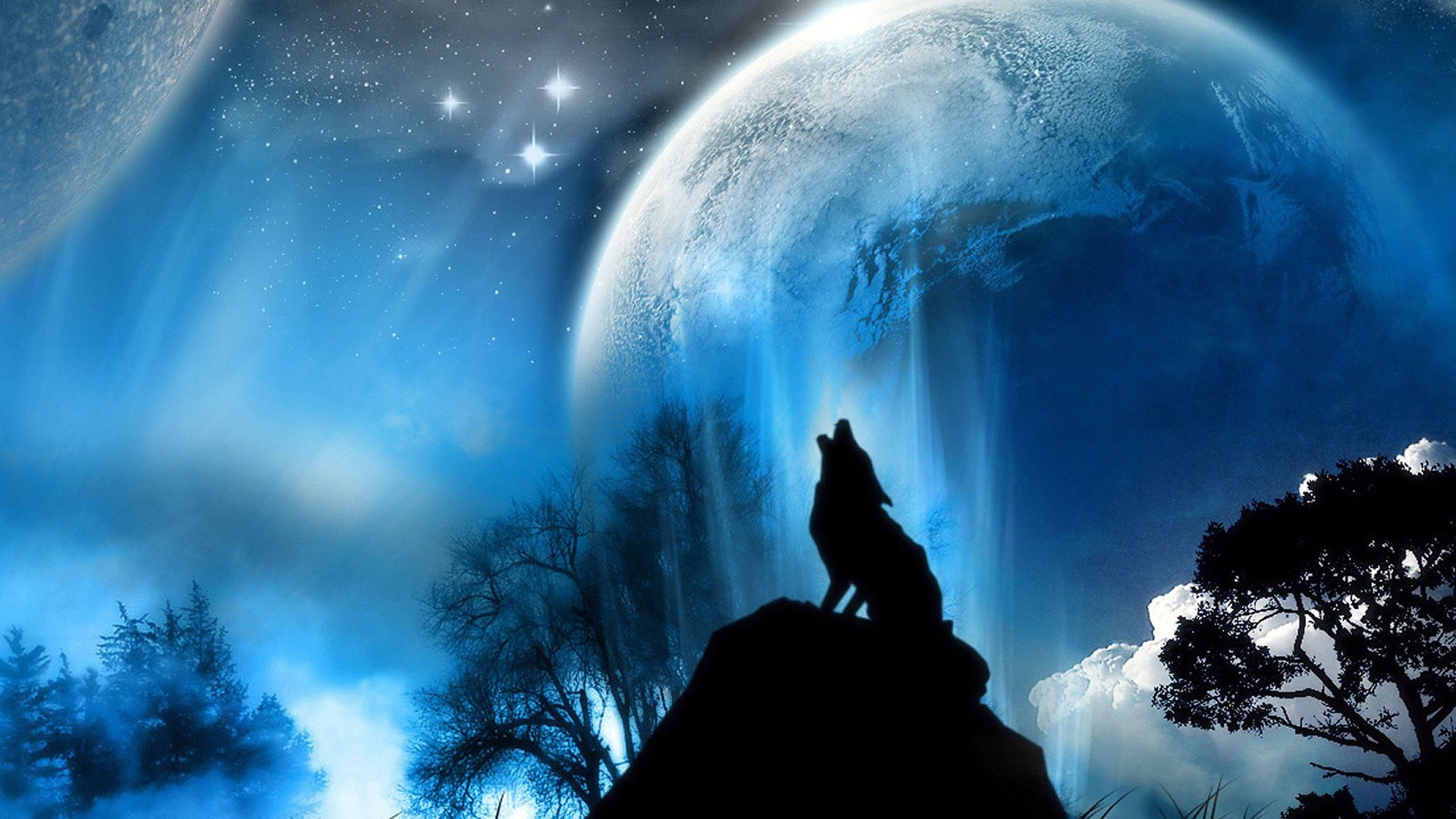 Wolf howling at a large moon with stars HD Wallpaper