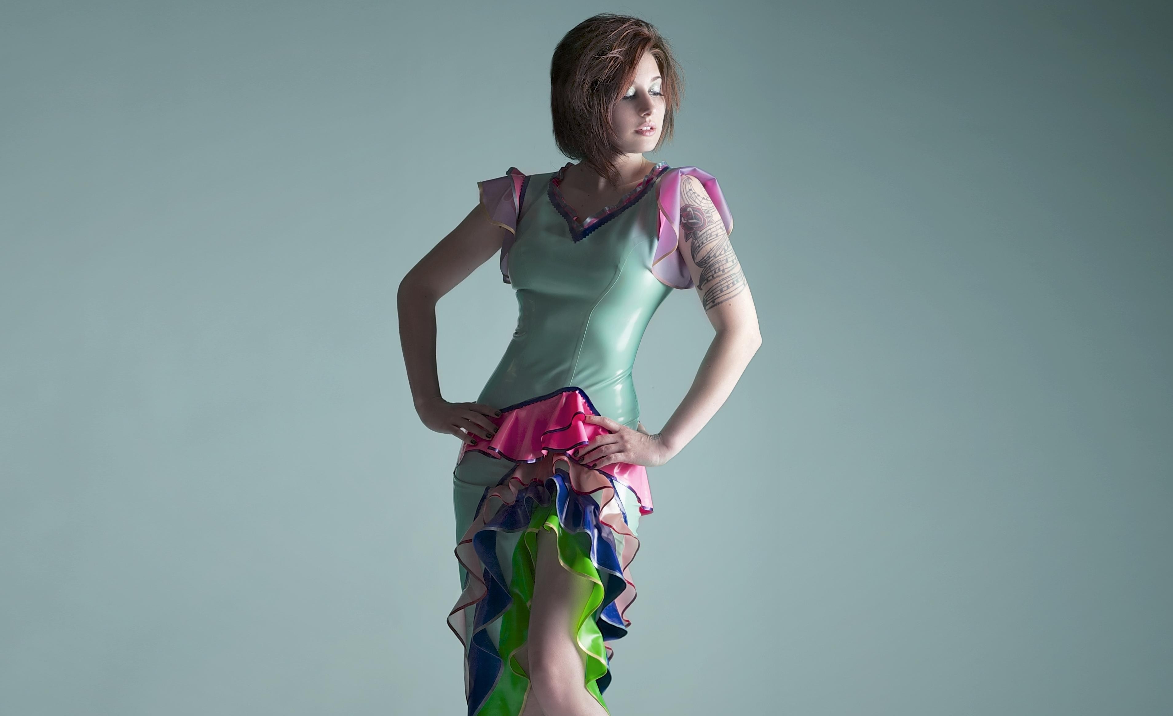 Woman in a colorful latex dress HD Wallpaper