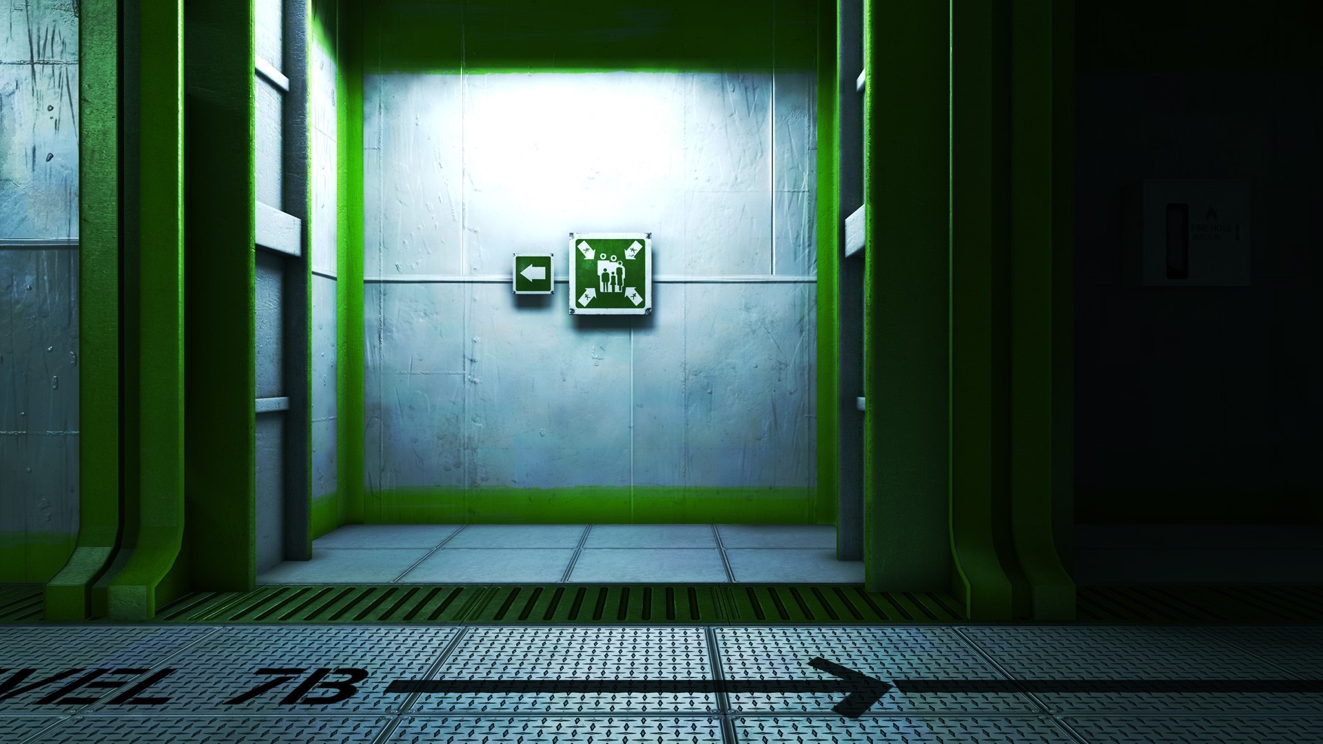 Green corridor with signs and arrow on floor HD Wallpaper