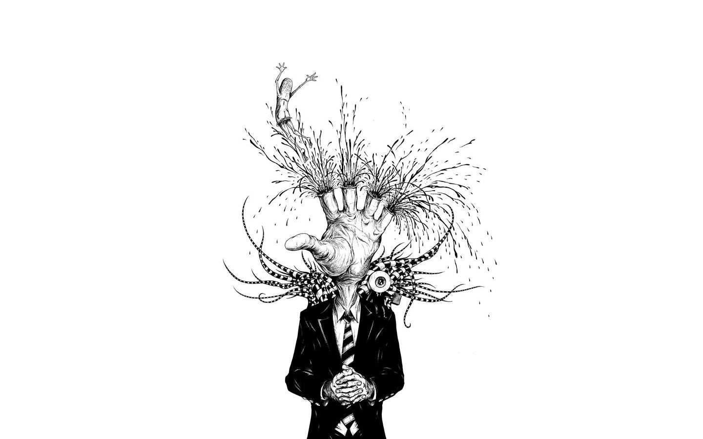 Surreal illustration of a man with a hand for a head HD Wallpaper