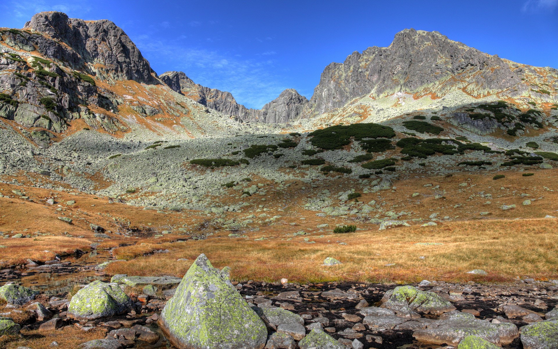 Rocky mountain valley with dry grass and blue sky HD Wallpaper