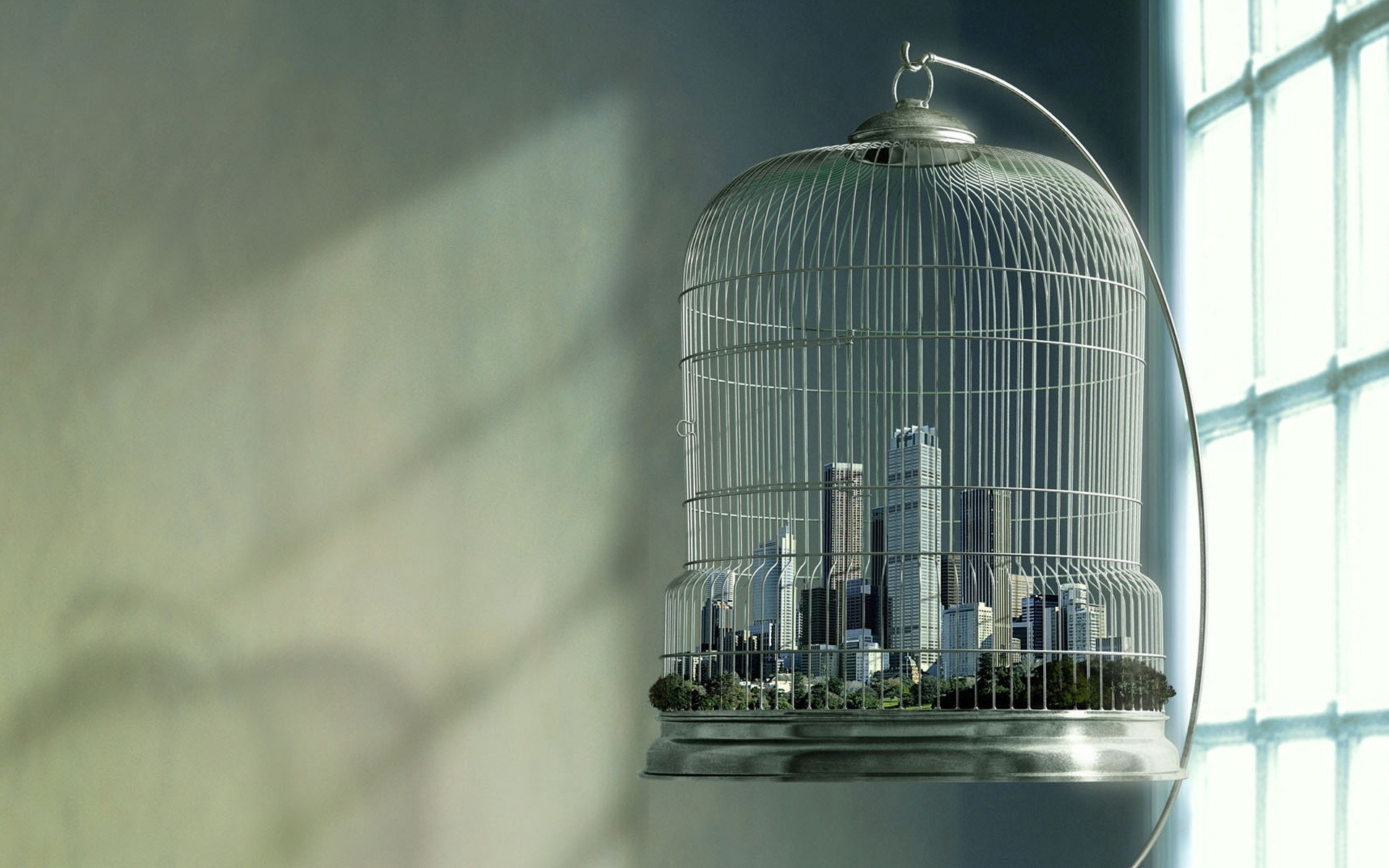 Cityscape inside a birdcage with sunlight HD Wallpaper