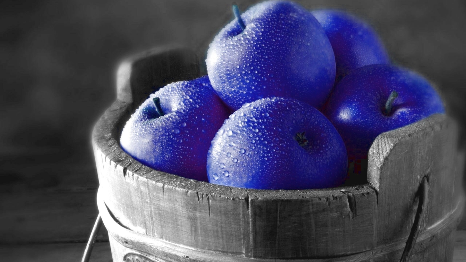 Blue apples in a wooden bucket with water droplets HD Wallpaper