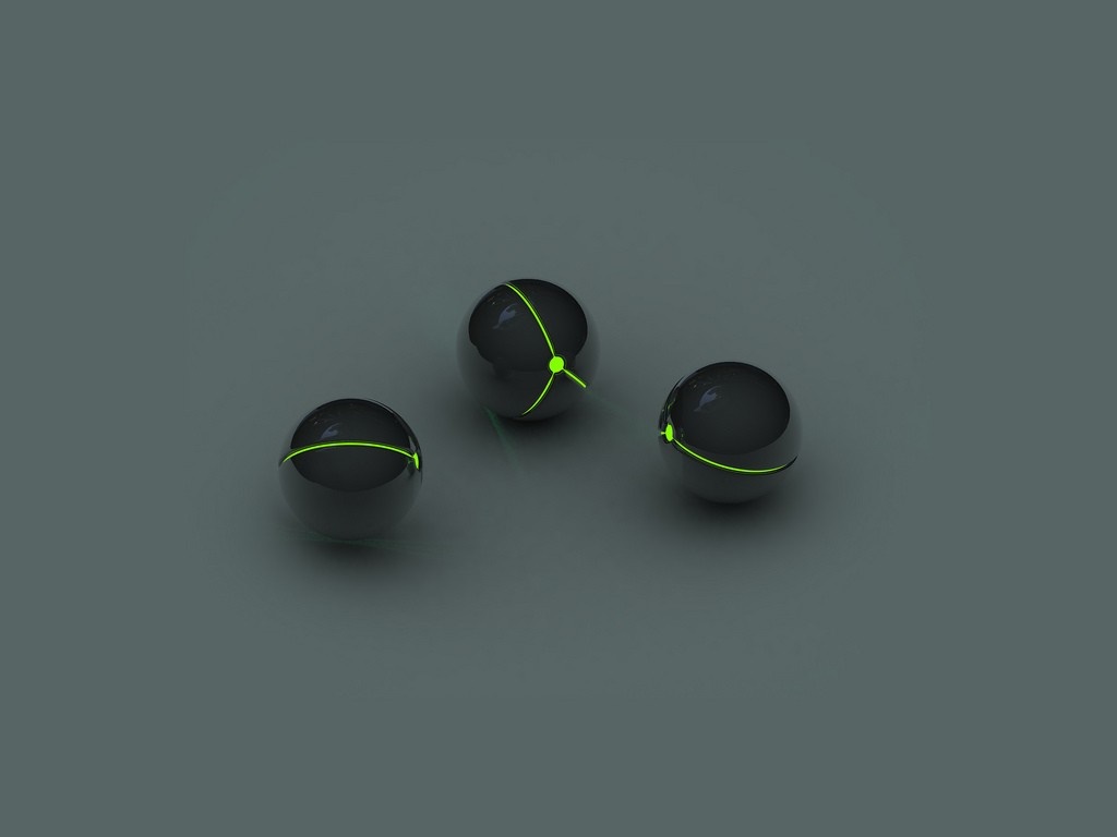 Three black spheres with green lines on a gray background HD Wallpaper