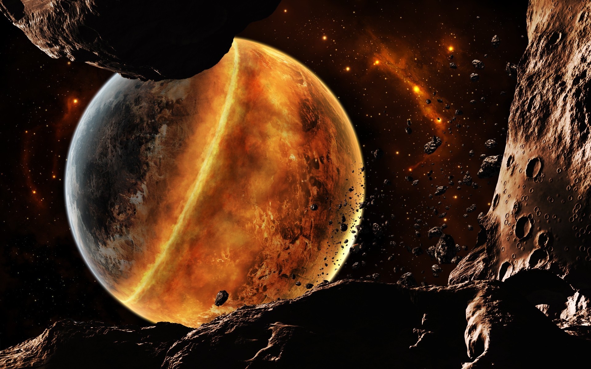 Digital art of a fiery planet in space with asteroids HD Wallpaper