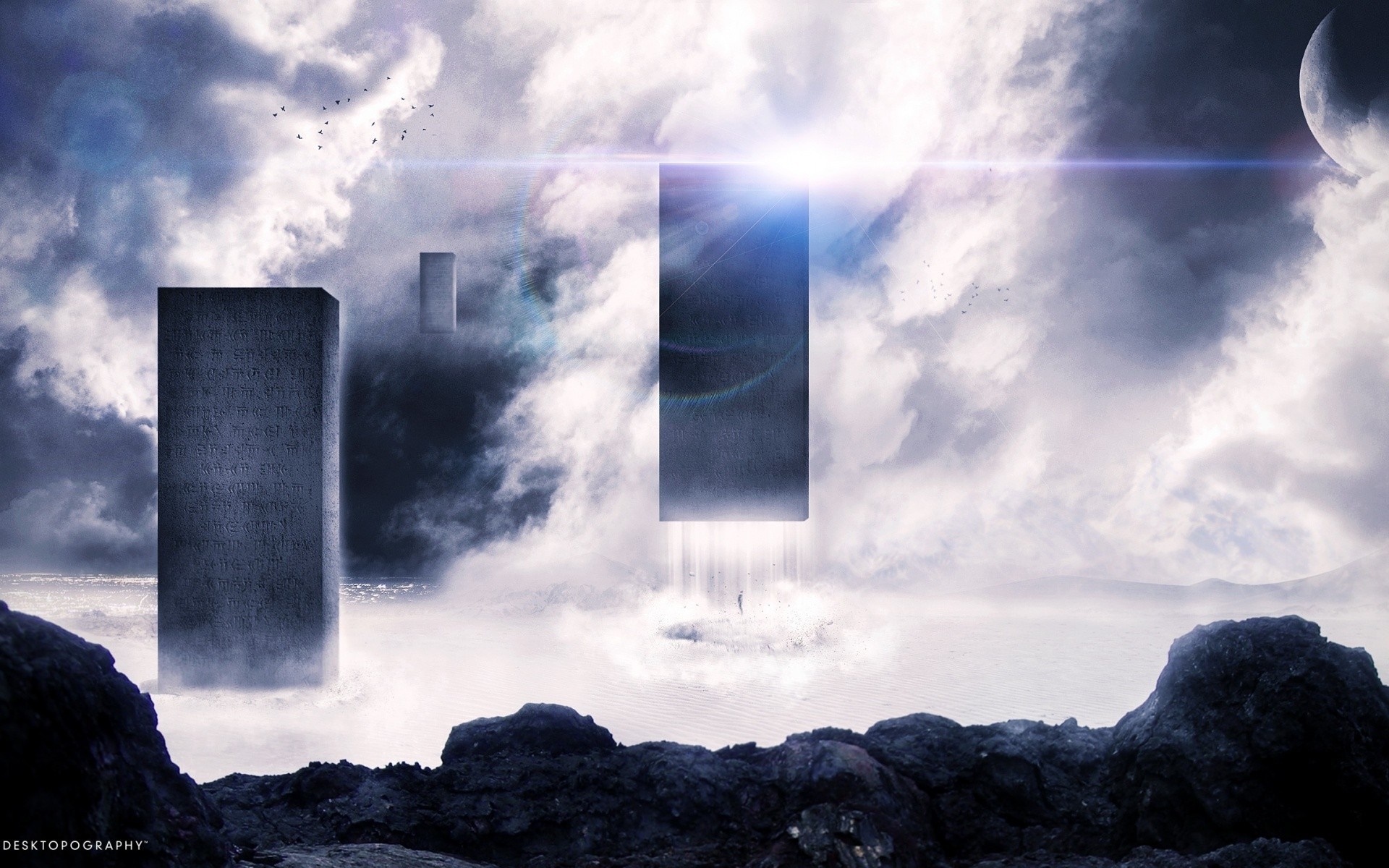 Monoliths in a cloudy sky with a moon HD Wallpaper