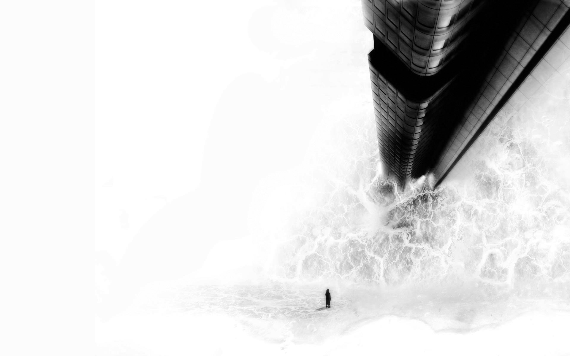 Monochrome artwork of a building and a person in water HD Wallpaper