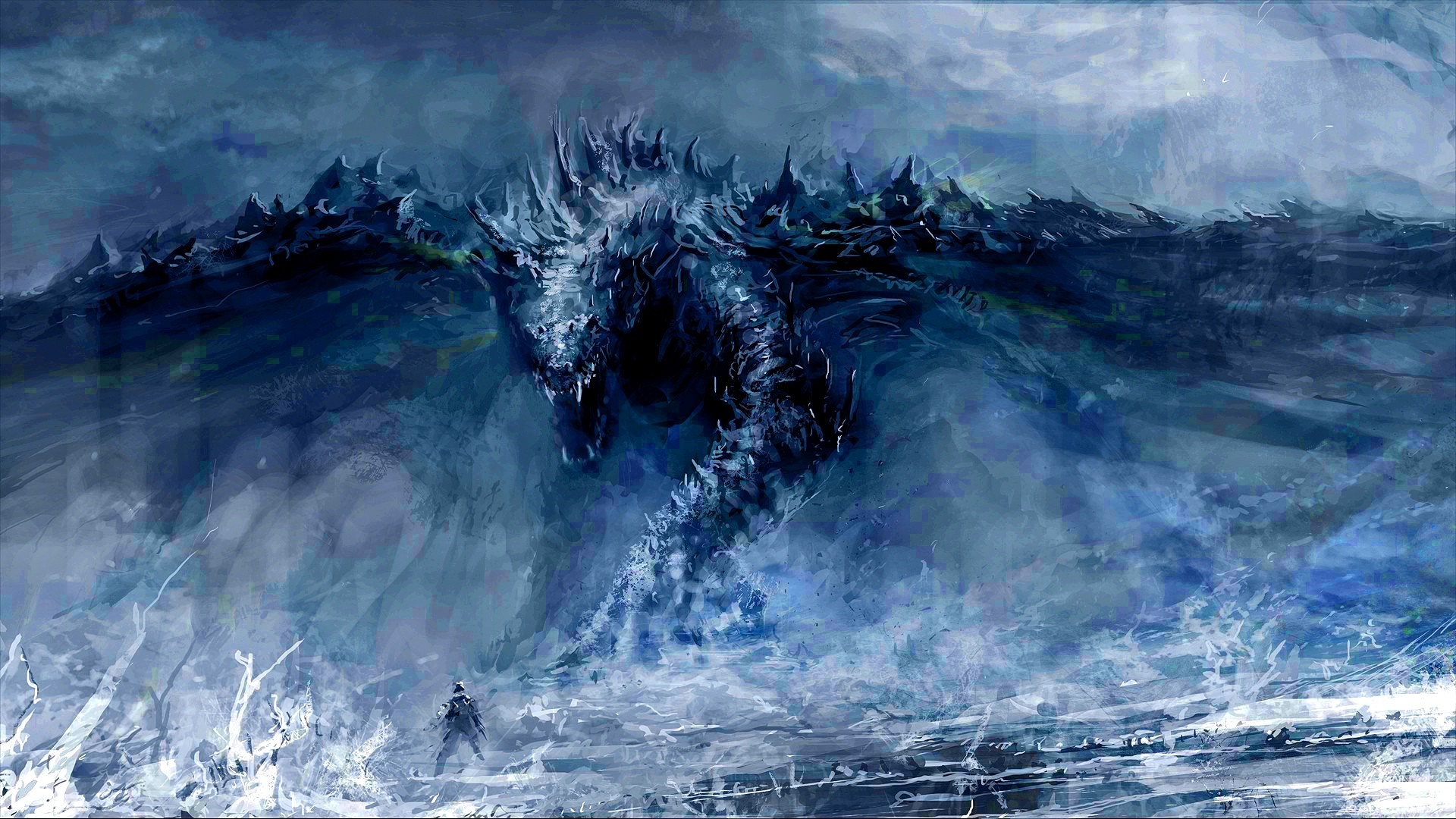 A colossal dragon emerges from a stormy ocean wave HD Wallpaper