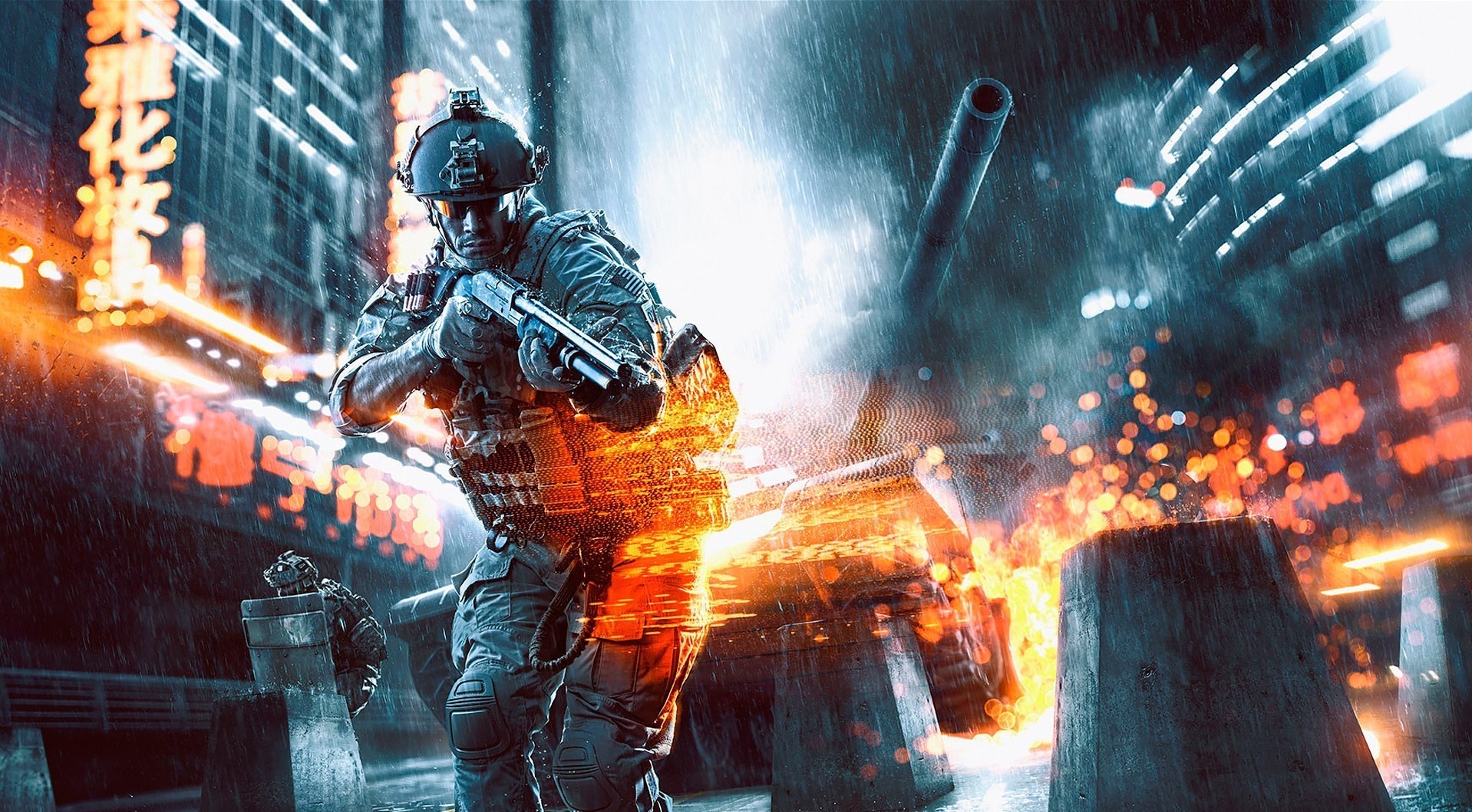 Soldier in a burning city with a tank HD Wallpaper