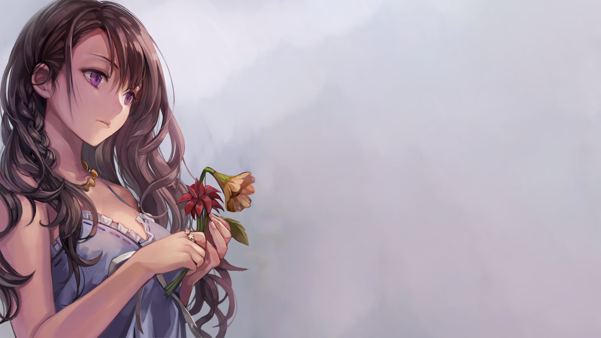 Anime girl with purple eyes holding flowers HD Wallpaper