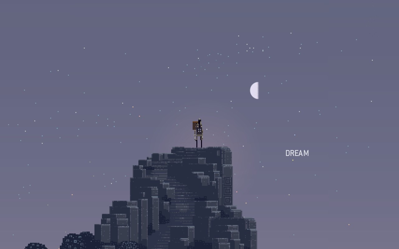 Pixel art character on a rocky peak under a starry night sky with a crescent moon. HD Wallpaper