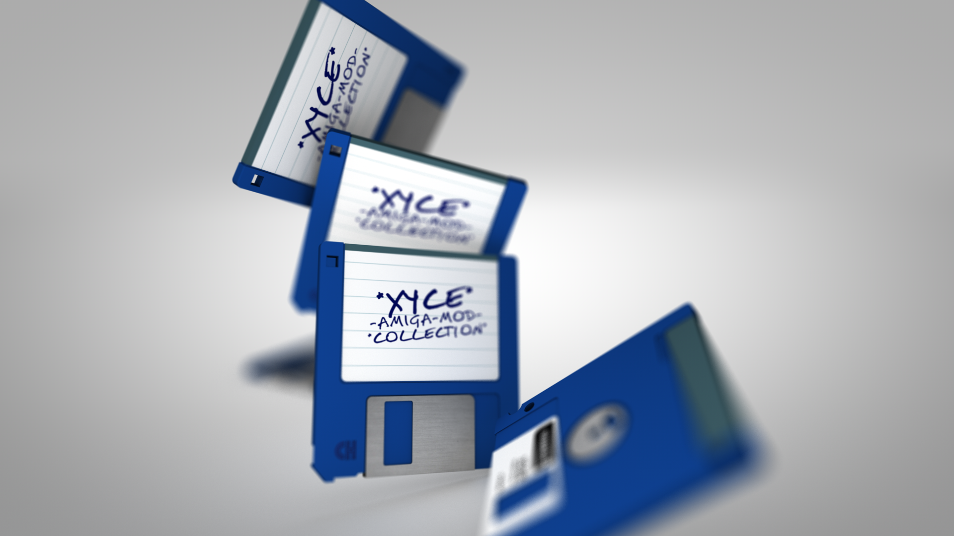 Blue floppy disks with 'XYCE - AMIGA-MOD - COLLECTION' labels HD Wallpaper