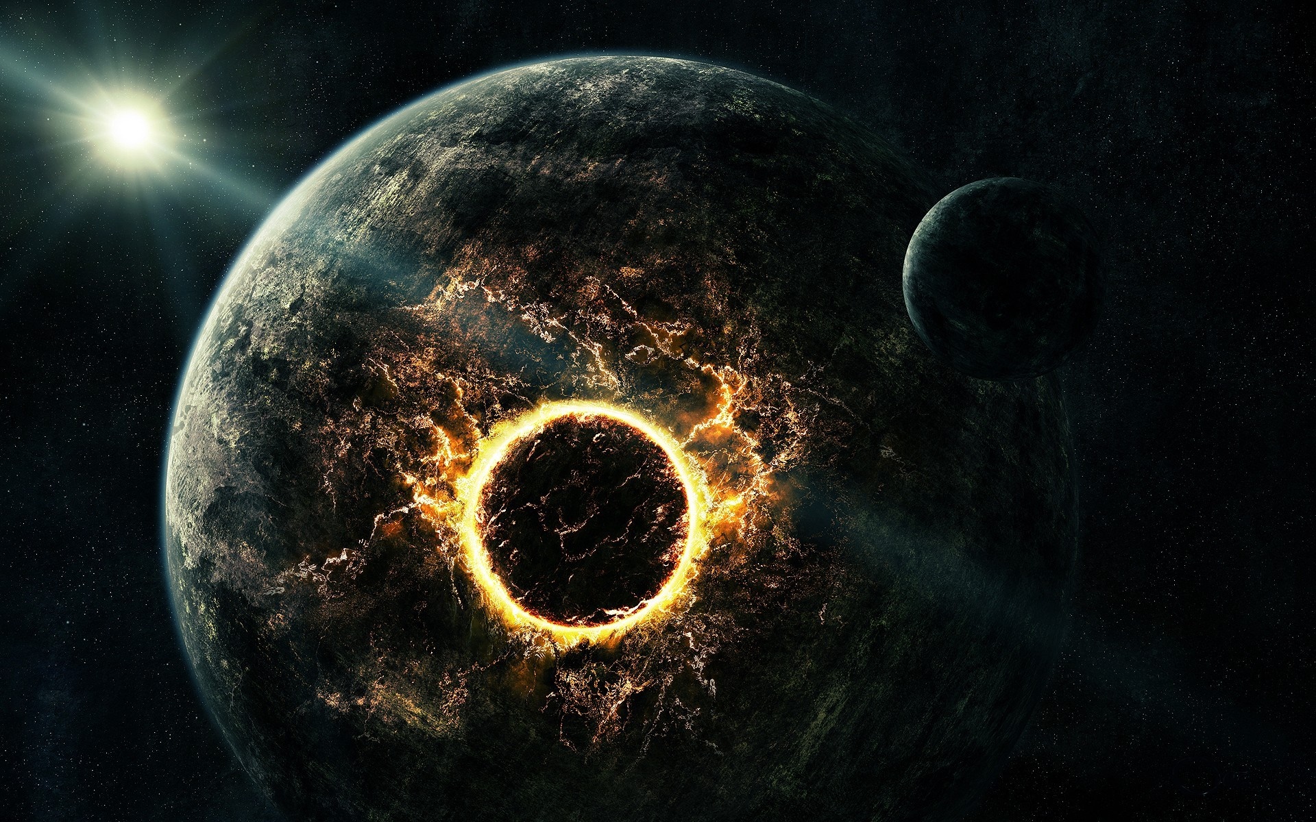 Planet with a glowing ring and a moon in space HD Wallpaper