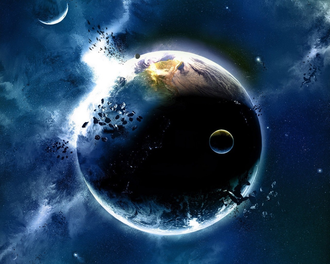 Planet Earth with moon and asteroids in space HD Wallpaper