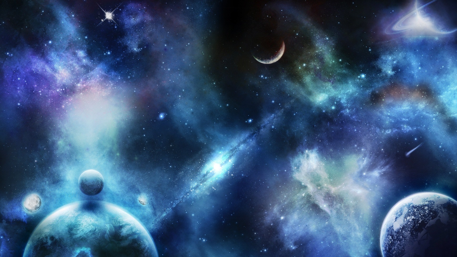 Planets and nebulae in outer space HD Wallpaper