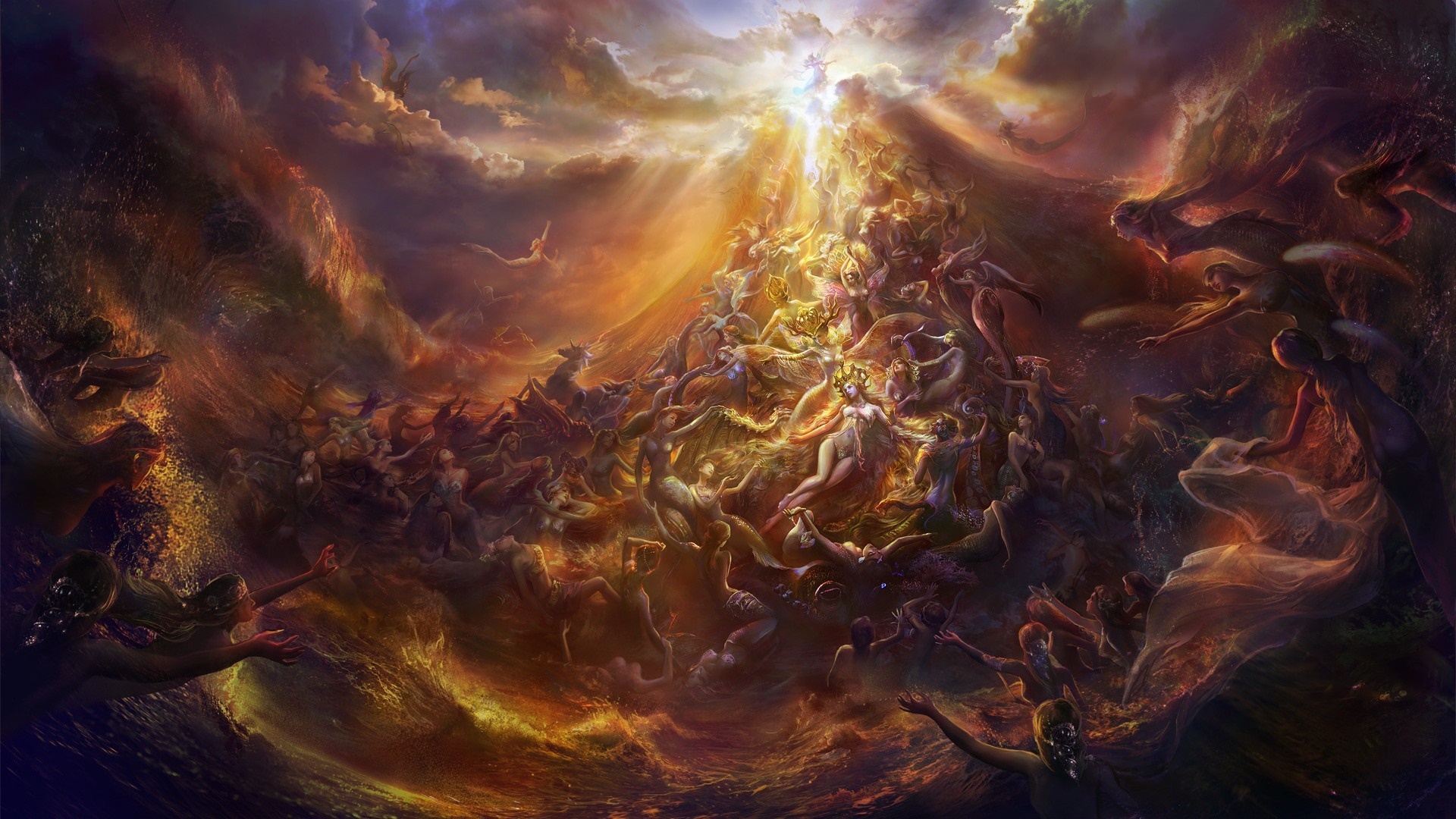A celestial battle with figures falling into a fiery abyss HD Wallpaper