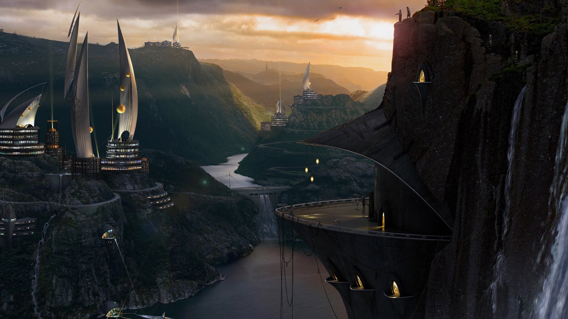 Futuristic city built into a mountain landscape with waterfalls HD Wallpaper