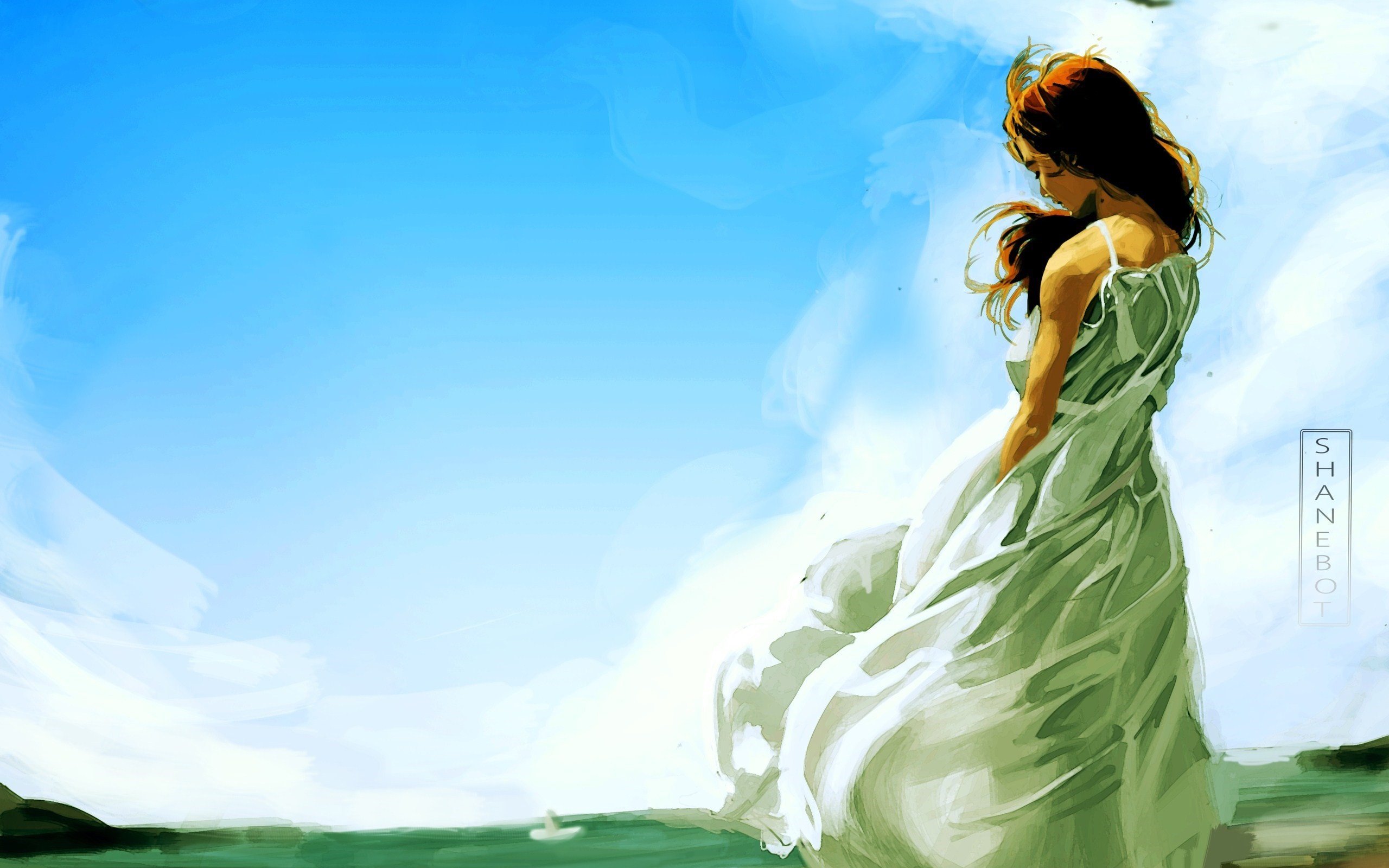 Woman in a flowing dress against a blue sky HD Wallpaper