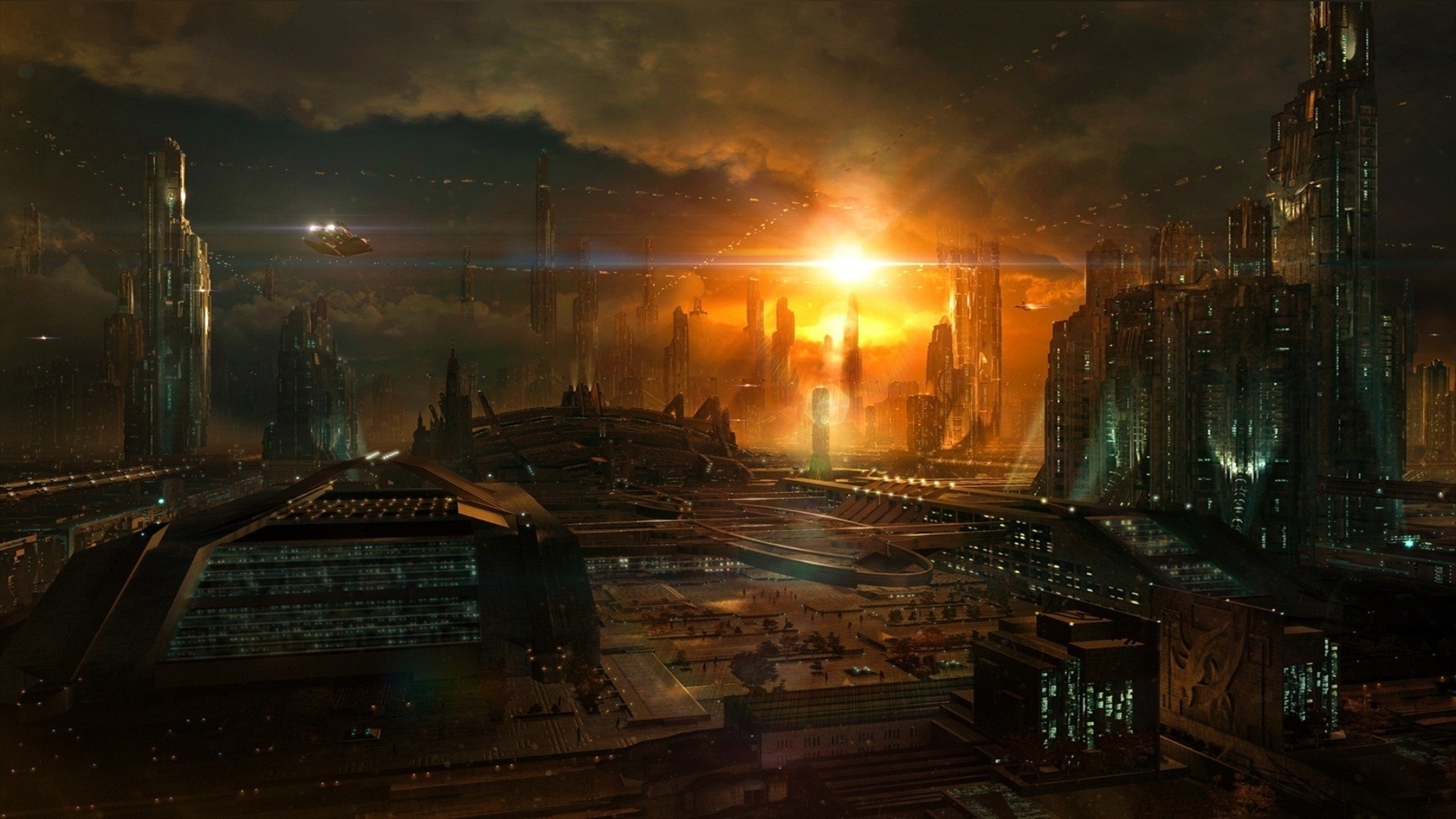 Futuristic cityscape at sunset with flying spaceship HD Wallpaper
