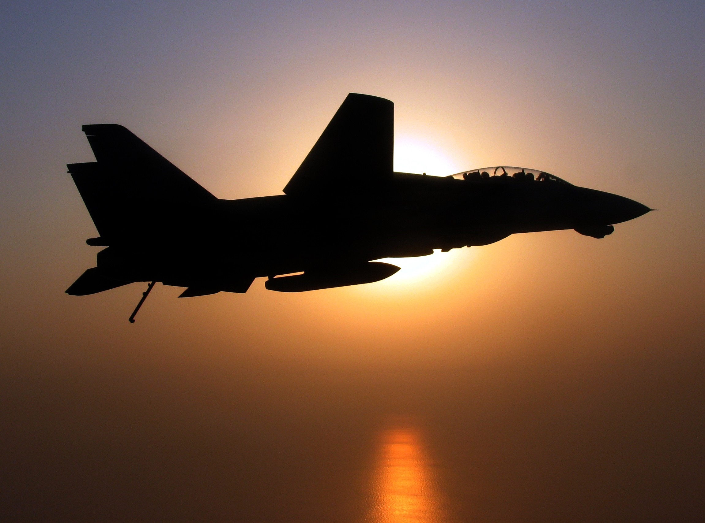 Silhouette of an F-14 Tomcat fighter jet at sunset HD Wallpaper