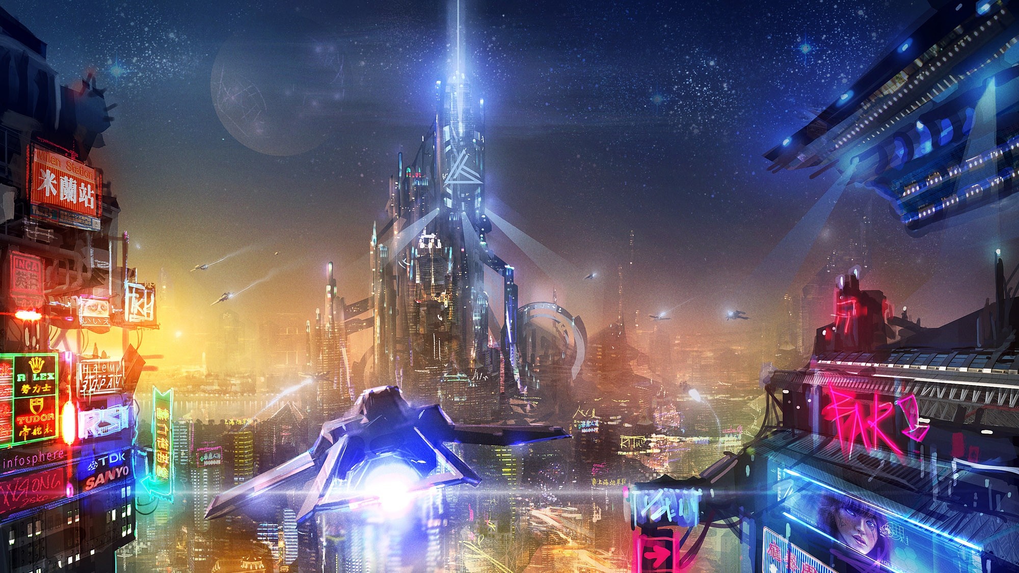Futuristic Cityscape at Night with Spaceships HD Wallpaper