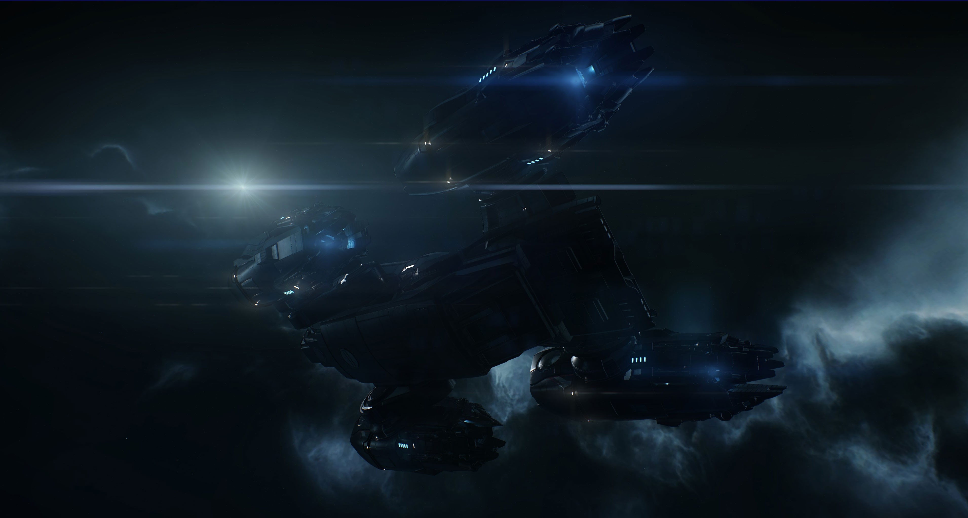 Star Citizen spaceship in dark space with lens flare HD Wallpaper