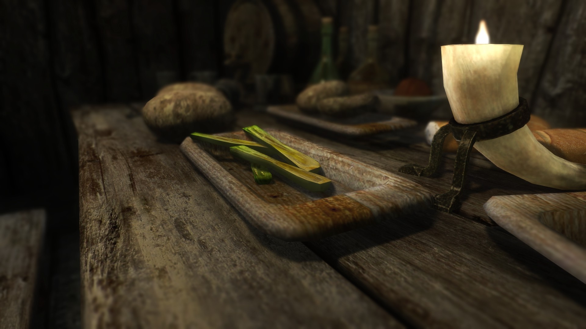 Food on a wooden table in The Elder Scrolls V Skyrim HD Wallpaper