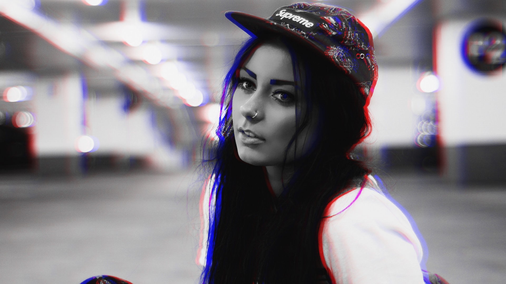Woman wearing a Supreme hat with anaglyph 3D effect HD Wallpaper