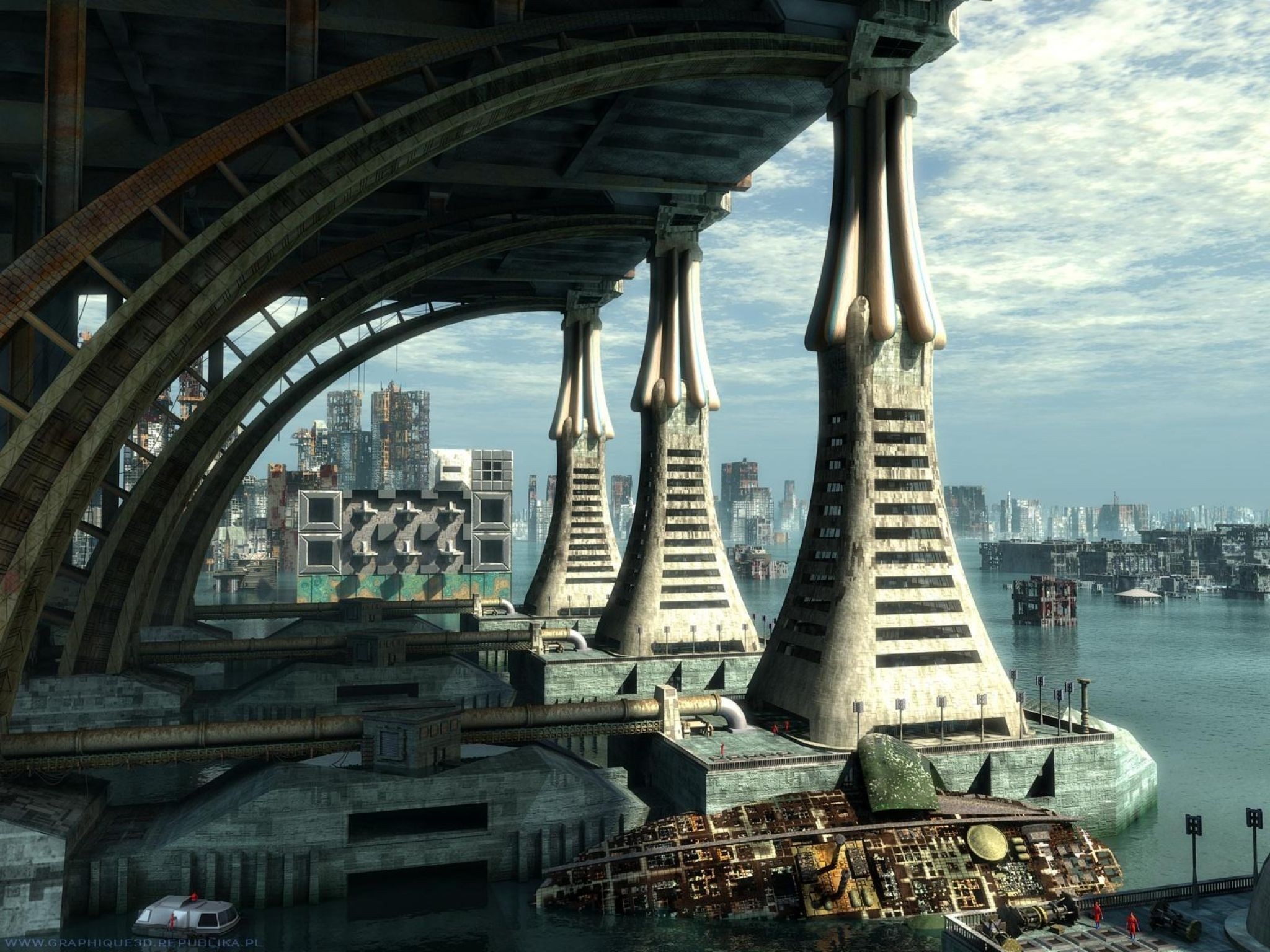 Futuristic cityscape with a large bridge and towers over water HD Wallpaper