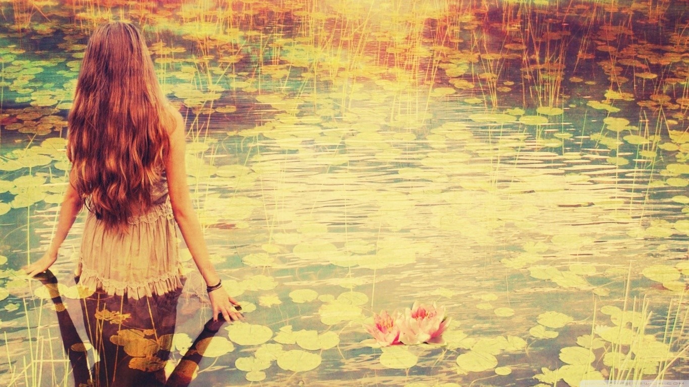 Woman with long hair by water lilies HD Wallpaper