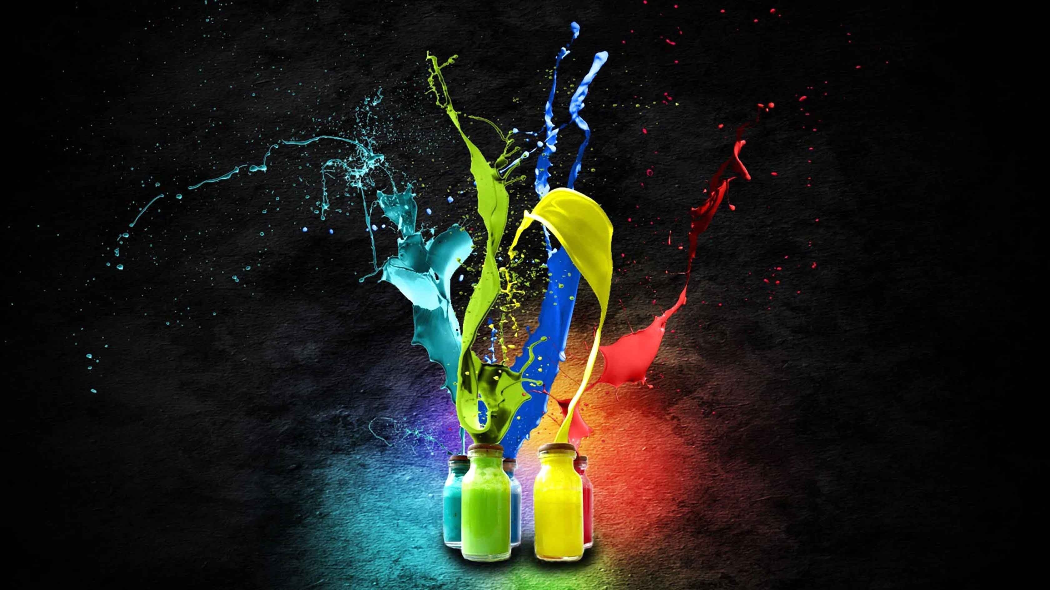 Colorful paint splashes from bottles on a dark background HD Wallpaper