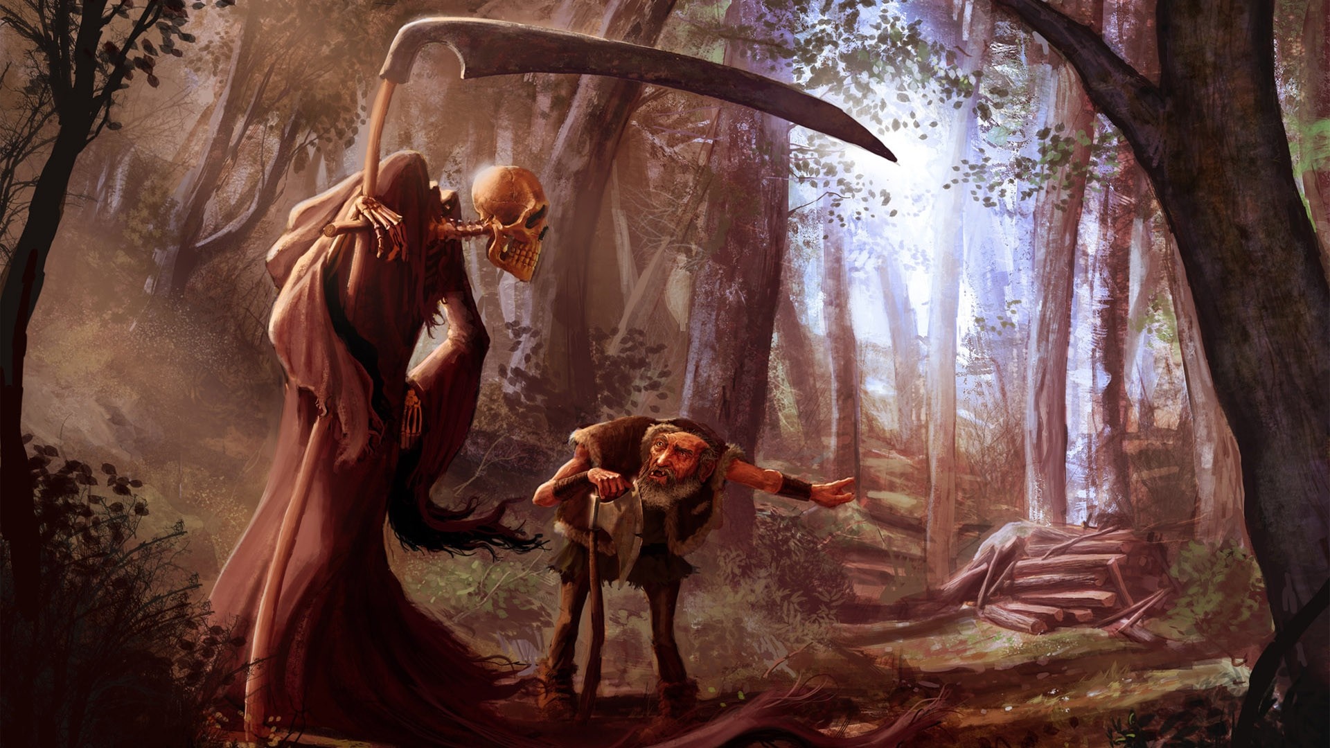 Grim Reaper and old man in a forest HD Wallpaper