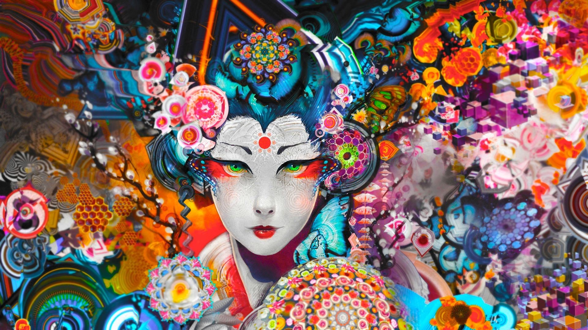 Psychedelic Geisha with Abstract Colorful Background HD Wallpaper