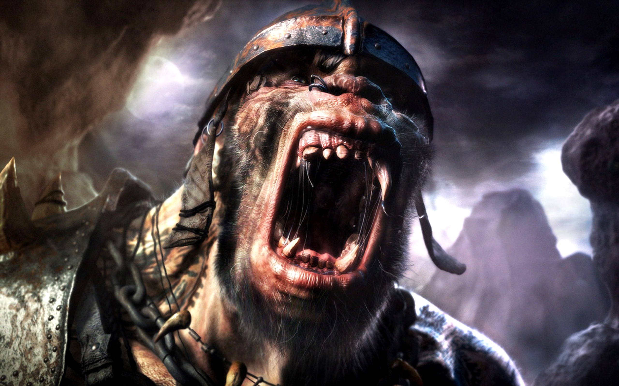 Fierce creature with helmet and armor roaring HD Wallpaper