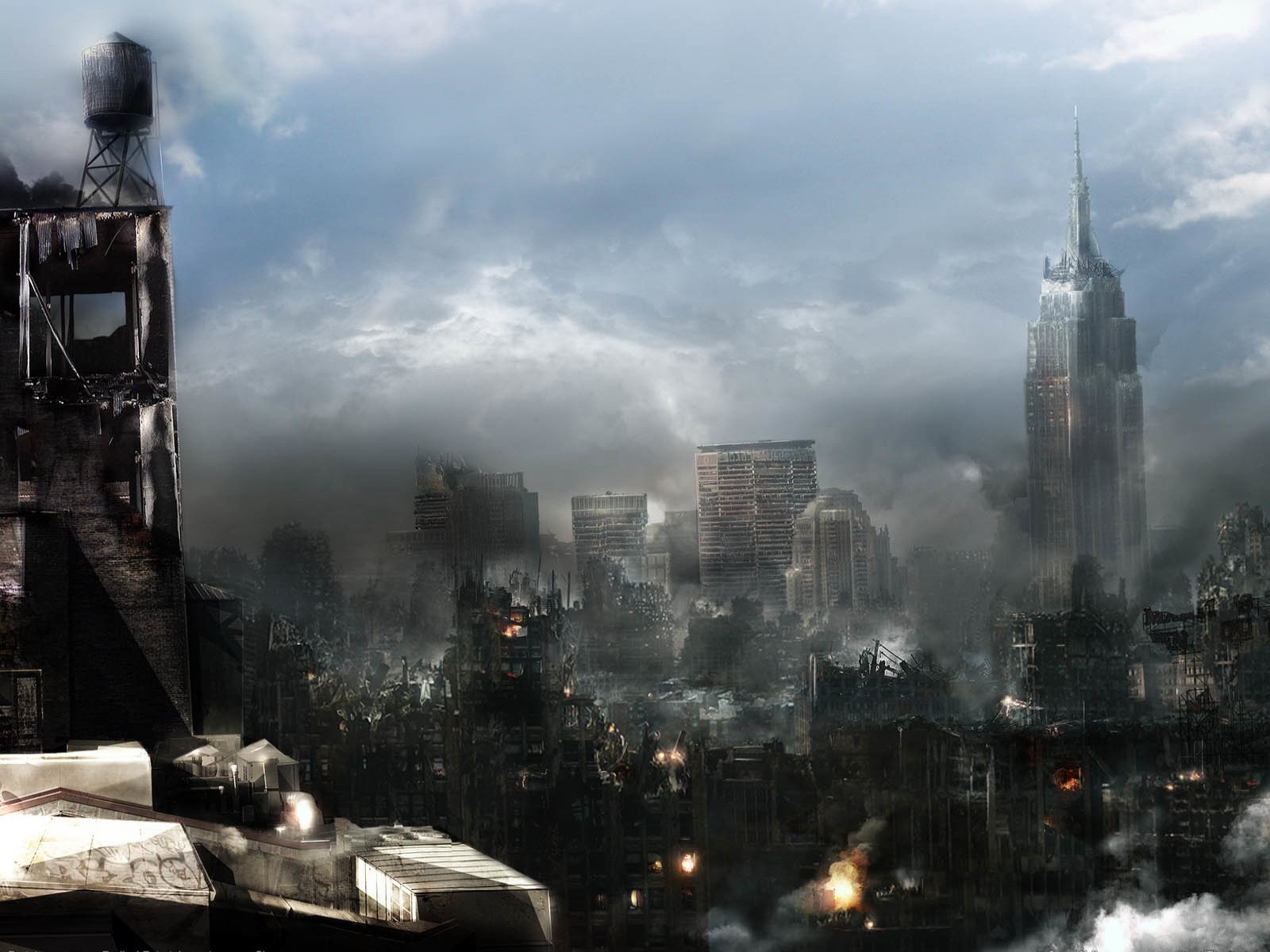 Apocalyptic cityscape with ruined buildings and a tall spire HD Wallpaper